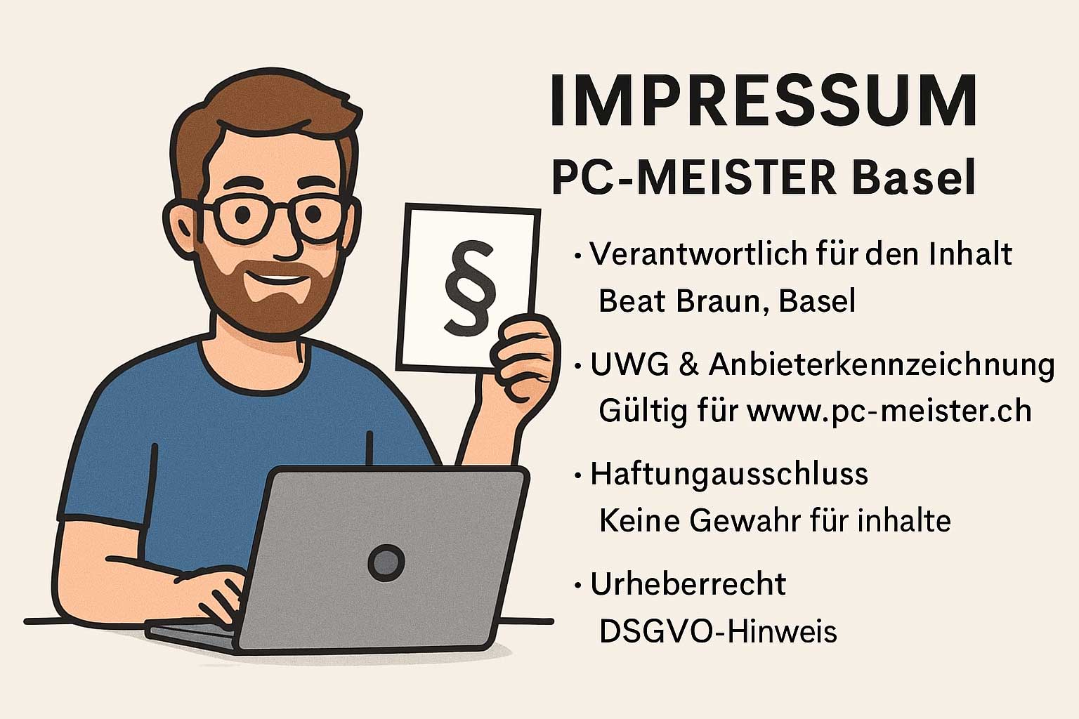 Impressum PC‑MEISTER Basel – Illustration von Beat Braun mit Laptop und Paragraphenzeichen