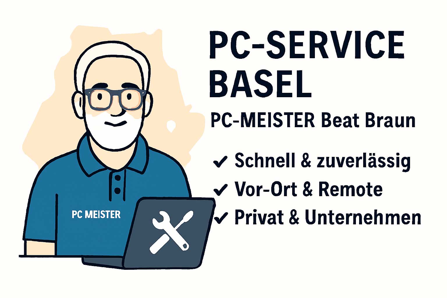 PC-Service Basel – Illustration von Beat Braun mit Laptop und Werkzeugsymbol