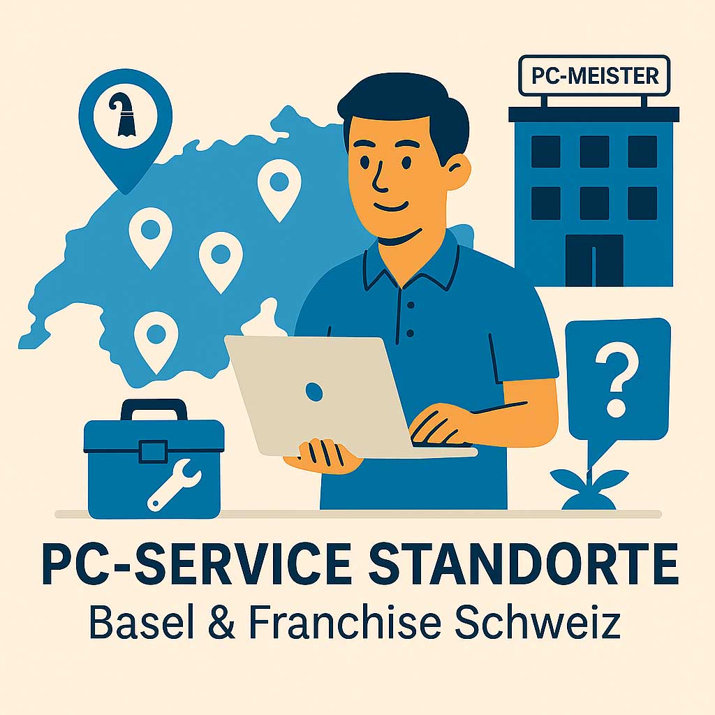 Illustration mit Standortkarte, Franchise-Partner und Basel-Flagge – PC-MEISTER Schweiz